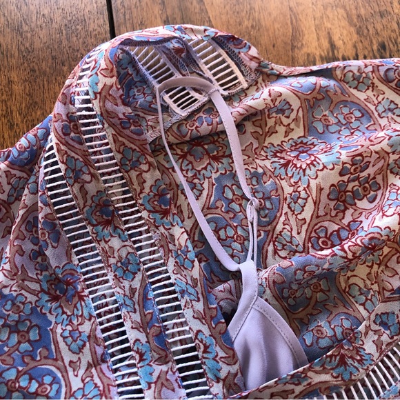 Frye purple floral long sleeve ruffle v neck blouse sheer boho tunic peasant - Picture 5 of 11